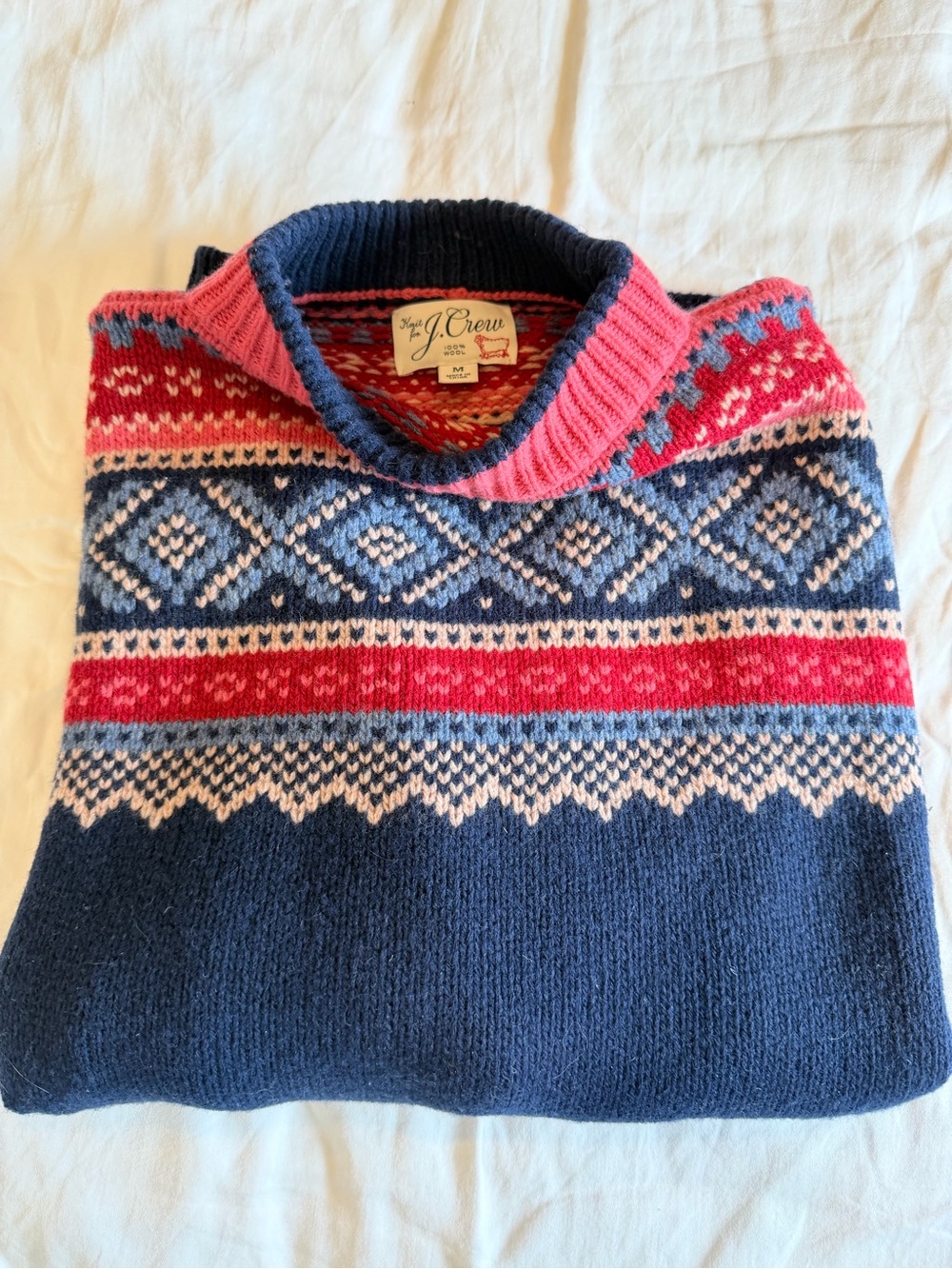 J. Crew Men's Wood Crewneck Sweater with Pink and Cream Fair Isle Pattern